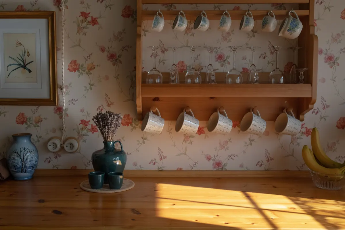Rayon de soleil sur un mur de cuisine fleuri et une étagère de tasses en bois