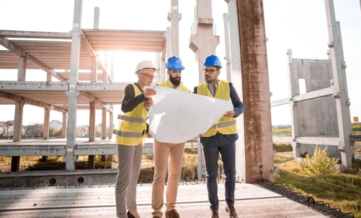 Chef de chantier et artisans casqués consultant des plans sur un chantier de gros œuvre
