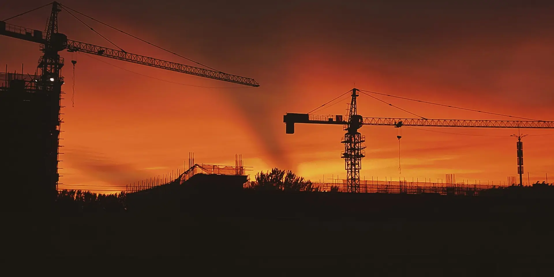 Silhouettes de grues de chantier contre un ciel de coucher de soleil
