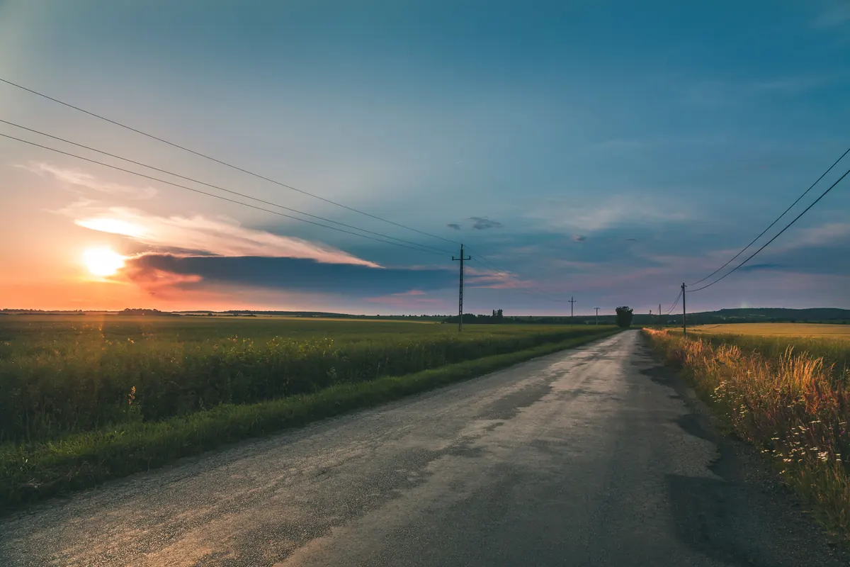 Route de campagne bordée de champs et de poteaux électriques au soleil couchant